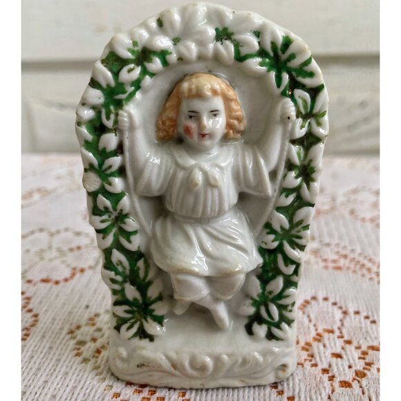 Antique German Porcelain Figurine Of Girl On Swing In Floral Arch - Picture 9 of 9